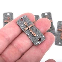5 CROSS Charms Pendants, 2 hole bracelet connector links, gunmetal base with copper cross, rustic hammered metal, 37x15mm, cho0144a