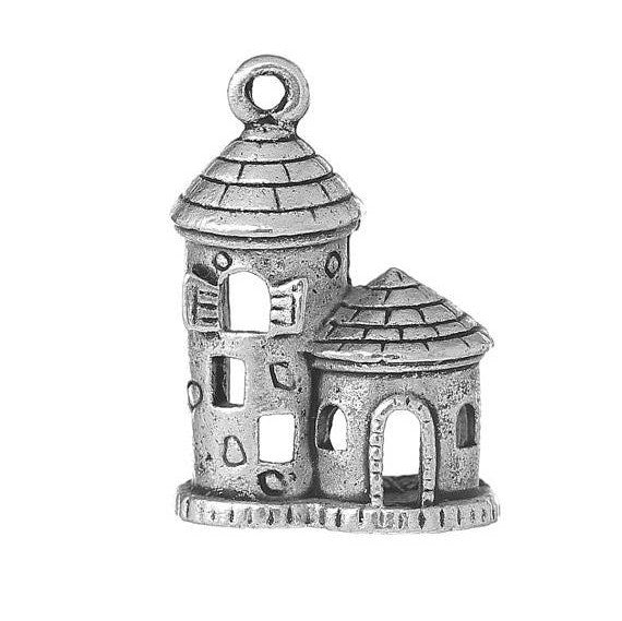 10 FAIRY TALE Castle Charms, Silver Tone Pewter Pendants, chs2064