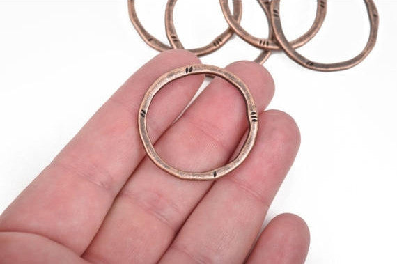 5 Copper Hammered Rings, Circle Washer Connector Links, Hammered Metal Charms, 32mm, chc0090