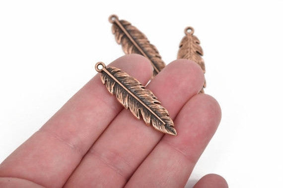 10 Copper FEATHER Charms, Copper oxidized metal charms, Copper feather pendants, 41x12mm, 1-5/8" long chc0077
