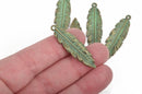 10 Bronze FEATHER Charms, Bronze with green patina metal charms, bronze verdigris feather pendants, 41x12mm, 1-5/8" long chb0506