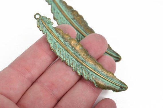 5 Bronze FEATHER Charms, Bronze with green patina metal charms, Bronze verdigris feather pendants, 77x16mm, 3" long chb0507