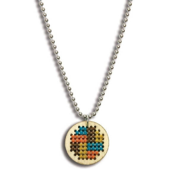 Cross Stitch KIT, make your own GEOMETRIC cross stitch charm pendant necklace, wood circle, includes all supplies, instructions, kit0016