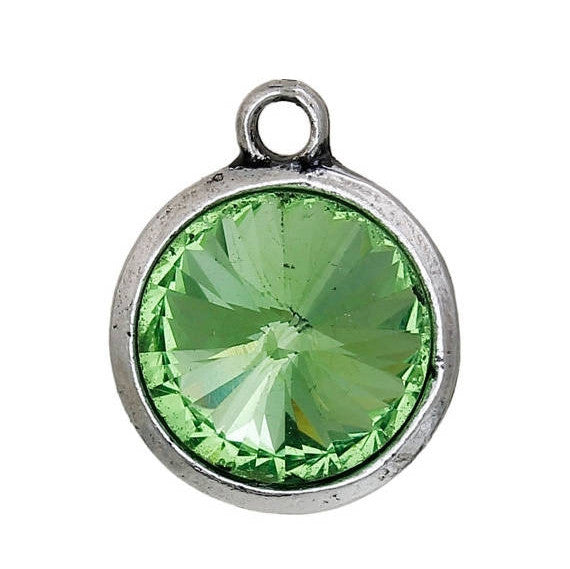 2 Peridot Green Rivoli Charms, Crystal Glass in Silver Bezel, 21x17mm, chs2700