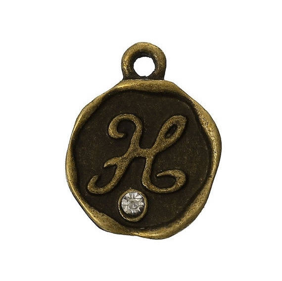 4 pcs Letter H Monogram Wax Seal Bronze Charm Tags, with crystal rhinestone, 3/8"  chb0346