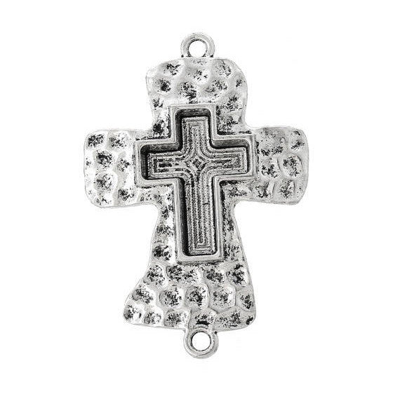 4 Silver Cross Connector Links, Blank Pendant Charms, Hammered Silver, 2-1/4" long fits 25x18mm cross in center, bezel tray, chs1727