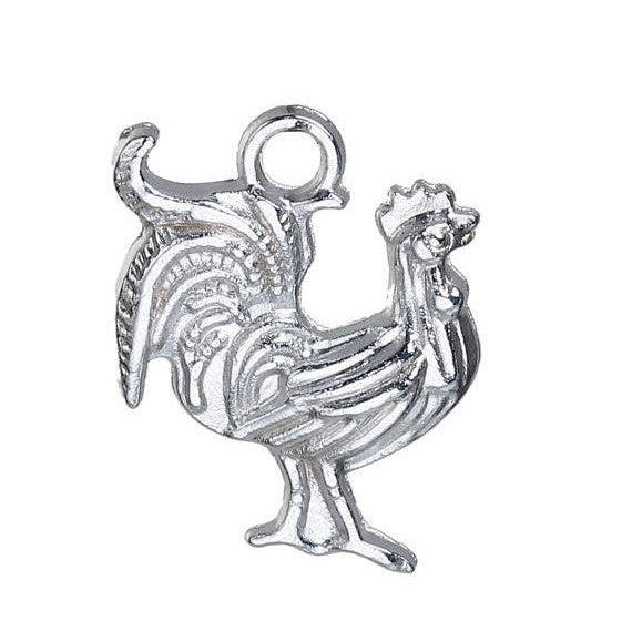 10 Silver ROOSTER Chicken Charm Pendants, 21x19mm, chs2571