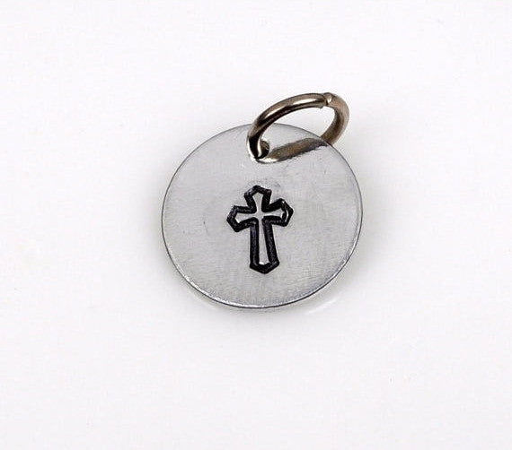 CHRISTIAN CROSS Hand Stamped Disc Charm Pendant, religion church charms, 1/2" diameter
