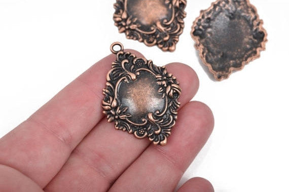 5 Copper Charms, fancy Victorian floral design, frame charms, 42x30mm, chc0089