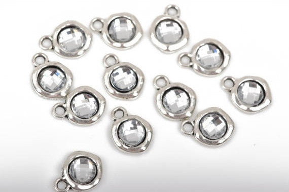 50 Silver Tone Rhinestone Drop Charms, 10mm asymmetrical circle with faceted rhinestone embedded in center, chs2543b