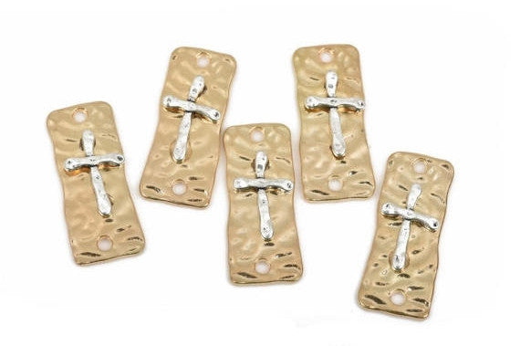 5 CROSS Charms Pendants, 2 hole bracelet connector links, gold base with silver cross, rustic hammered metal rectangle, 37x15mm, chg0423a