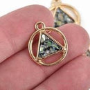 3 Gold Plated ARROWHEAD CIRCLE Hollow Geometric Pendant Charms, dark chatoyance imitation opal resin, gold plating, 17mm dia, chg0556