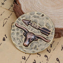 2 LONGHORN and ARROW Round Pendant Charms, BULL Cow Antique Bronze and Copper Metal with Rhinestone Crystals, 42mm (1-5/8" round), chb0464