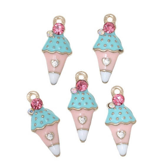 5 ICE CREAM Cone Gold-Plated Rhinestone Metal Charm Pendants, Blue Pink and White Enamel, che0509