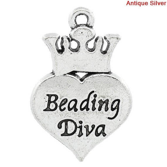 8 BEADING DIVA Charm Pendants, Heart with Crown, Antique Silver, 24x15mm,  chs2291