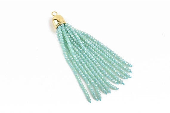 Crystal Bead Tassel Charm Pendant, MINT Green AB crystals with Gold cap, about 3" long chg0612