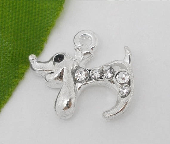 4 Silver rhinestone DOG Dachshund Puppy charms pendants .  crystal accents . chs0997