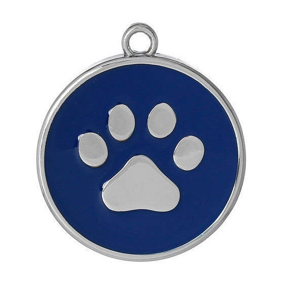 2 Large ROYAL BLUE Paw Print Charm Pendants, Silver Enamel Discs, School Team Mascot Charms  che0472