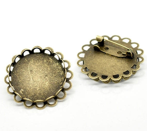 10 Bronze Filigree Brooch Pins with Bezel Cabochon Tray, 1" Bezel Tray (fits 25mm) pin backs, pin blanks, pin0100