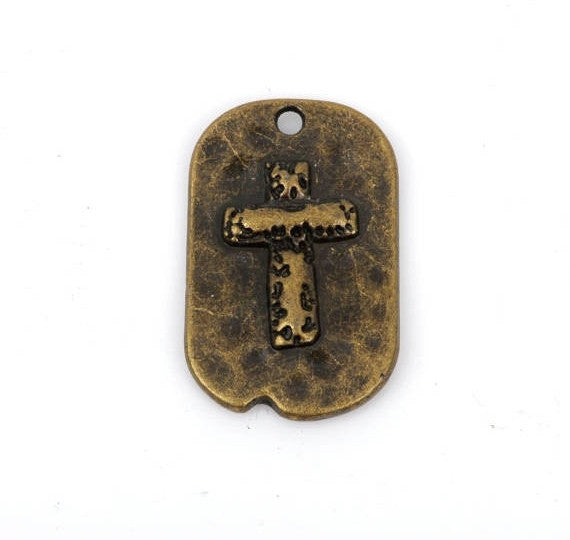 5 Bronze Rustic Cross Dog Tag Charm Pendants, Metal Cross Charms, Hammered Metal, Embossed Cross, 29x18mm, chb0426