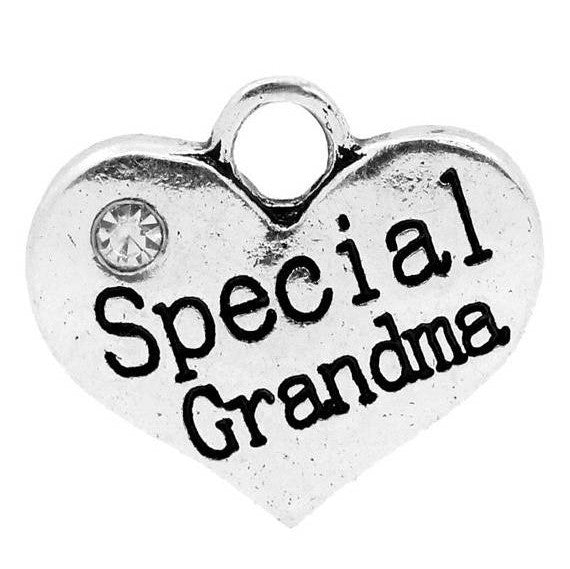 1 Silver Tone Rhinestone " Special Grandma " Heart Charm Pendant 16x14mm (5/8"x1/2"). Chs0865a