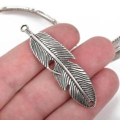 5 FEATHER Bracelet Connector Links, SILVER oxidized metal charms, curved bracelet charms, 57x15mm, 2-1/4" long chs2541