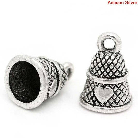 4 Antique Silver Metal HEART SEWING Thimble Charm Pendants . chs1283