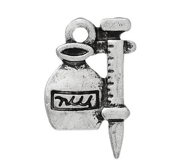 10 MEDICINE BOTTLE and Syringe Charm Pendants, antique silver tone metal, nurse nursing, chs1853