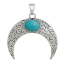 CRESCENT MOON Pendant, Silver double horn with turquoise blue cabochon, textured metal, 3" chs2738