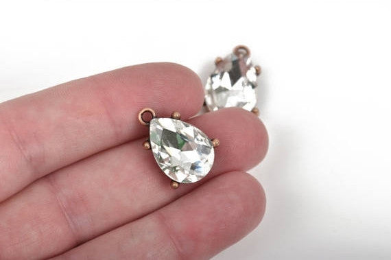 2 Rhinestone Teardrop Drop Charm Pendants, copper bezel setting, faceted crystal glass, 3/4" long chc0051