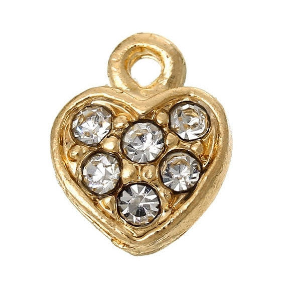 10 GOLD HEART Charms or Pendants . Small, Gold Plated with rhinestone accents, 8mm, 3/8" chg0347