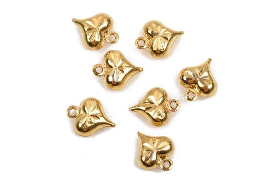 10 Small Gold Brass Puffed HEART Charm Pendants, 11x8.5mm, chg0488