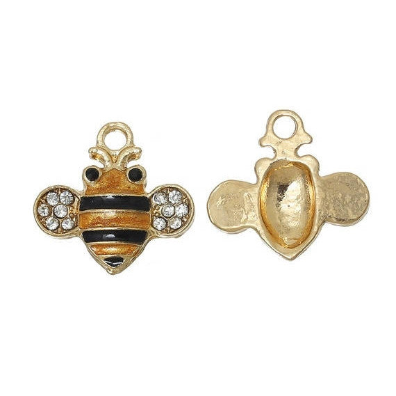 2 Gold BEE Charm Pendants, enamel and rhinestone crystals, bumblebee charm, honey bee charm, chg0279