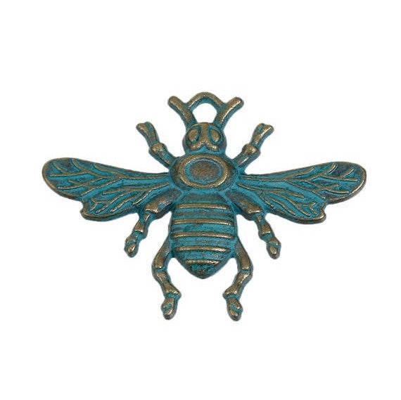 10 BEE Charm Pendants, Blue Green Patina over Bronze Brass, Large Bumblebee Queen Bee Charms, 32x23mm, chb0490