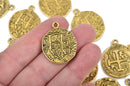 5 Gold Coin Relic Charm Pendants, round coin charms, gold plated metal, double sided design, 30x25mm, chg0487