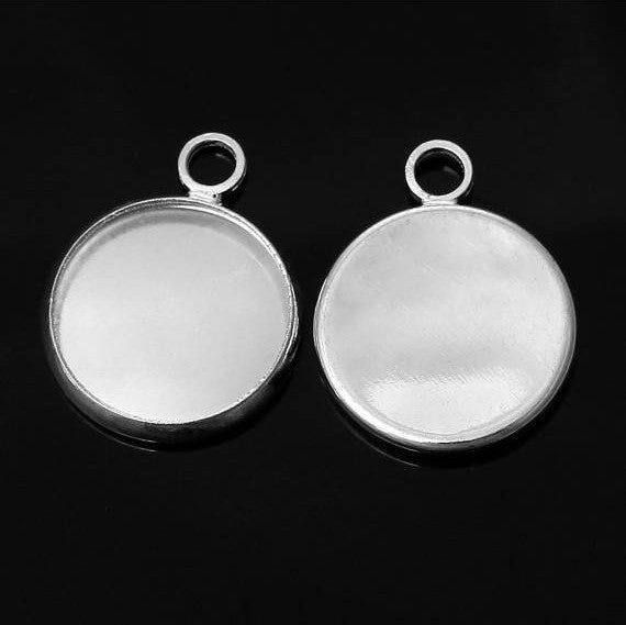 10 Silver Round Circle CABOCHON SETTING Bezel Frame Charm Pendants (fits 12mm cabs)  chs1574