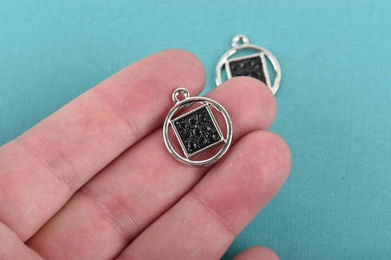 3 Silver Plated SQUARE in CIRCLE Geometric Charms, black rhinestones, 18mm dia, chs2981