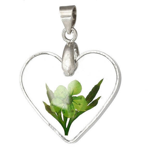 1 Acrylic Pendant, Natural REAL FLOWERS, Light Green Flower with Leaves, heart shape, silver bail, 29x22mm, cha0188