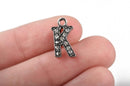 4 Letter K Monogram Initial Letter Charms, Rhinestones embedded in silver metal, 15mm (5/8")