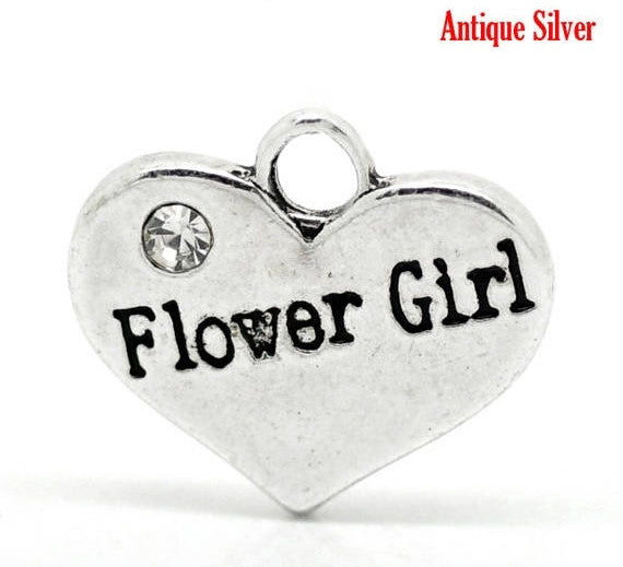 1 Silver Tone Rhinestone " Flower Girl " Heart Charm Pendant 16x14mm (5/8"x1/2") chs0396a