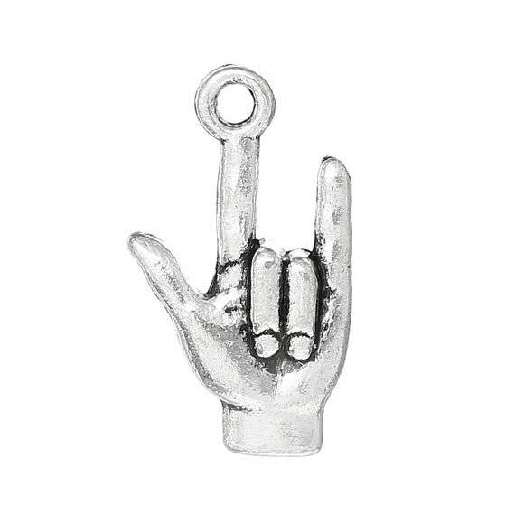 10 Antiqued Silver I LOVE You Hand Sign for Sign Language, Charm Pendants chs1057a