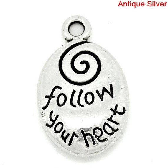 8 Silver Pewter FOLLOW YOUR Heart Oval Nugget Charm Pendants chs0582