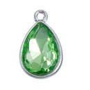 10 LIGHT PERIDOT Green Rhinestone Teardrop Drop Charms, Crystal Glass in Silver Tone Bezel, August Birthstone, 19x12mm, chs2786
