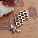 10 Queen Bee Honeycomb Charm Pendants, silver bee dangling below, 46x16mm, chs2529