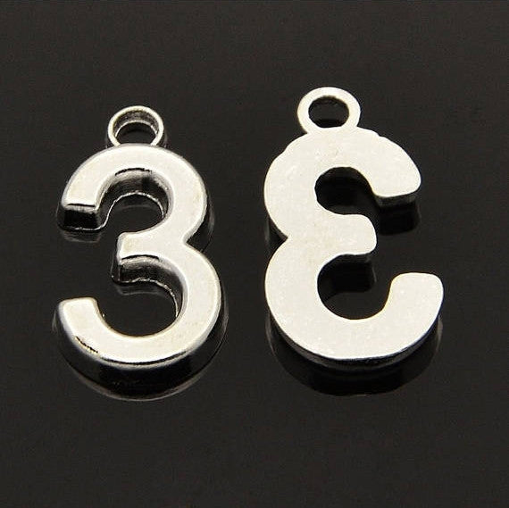 6 Silver Plated Number 3 (three) Charms, 18mm tall, about 3/4" chs2113