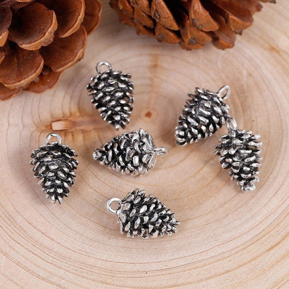 10 PINE CONE Silver Charm Pendants, Pinecones, Evergreen Pine Tree, 20x12mm, chs2768