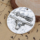 2 LONGHORN and ARROW Round Pendant Charms, Bull Cow Antique Silver Tone Metal with Rhinestone Crystals, 42mm (1-5/8" round) chs2565