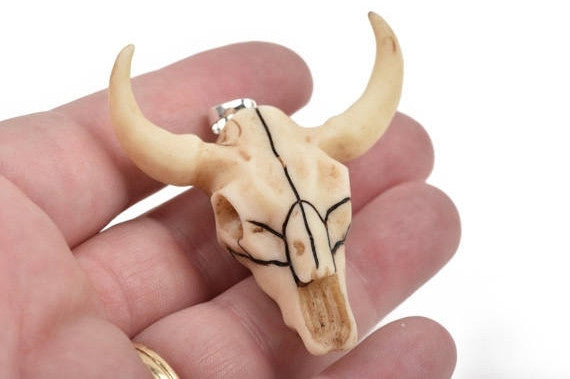 BULL LONGHORN Skull Pendant Bead, Resin Molded with silver pendant bail, 2" wide cho0151