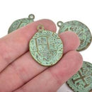 5 Bronze Coin Relic Charm Pendants, round coin charms, green verdigris patina bronze plated metal, double sided design, 30x25mm, chb0467