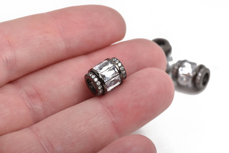 11x9mm Barrel Beads, Micro pave' hand-set crystals with Cubic Zirconia Stones, Large Hole, GUNMETAL BLACK, cho0189